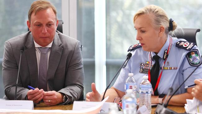 Premier Steven Miles with Police Commissioner Katarina Carroll during a meeting at the Queensland Emergency Services centre in Brisbane. Picture: NCA NewsWire/Tertius Pickard