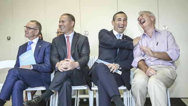 It seemed to be going so well ... Premier Jay Weatherill, Federal Energy Minister Josh Frydenberg and SA Treasurer Tom Koutsantonis at the West Beach home of Geoff Perkins. Picture: Mike Burton