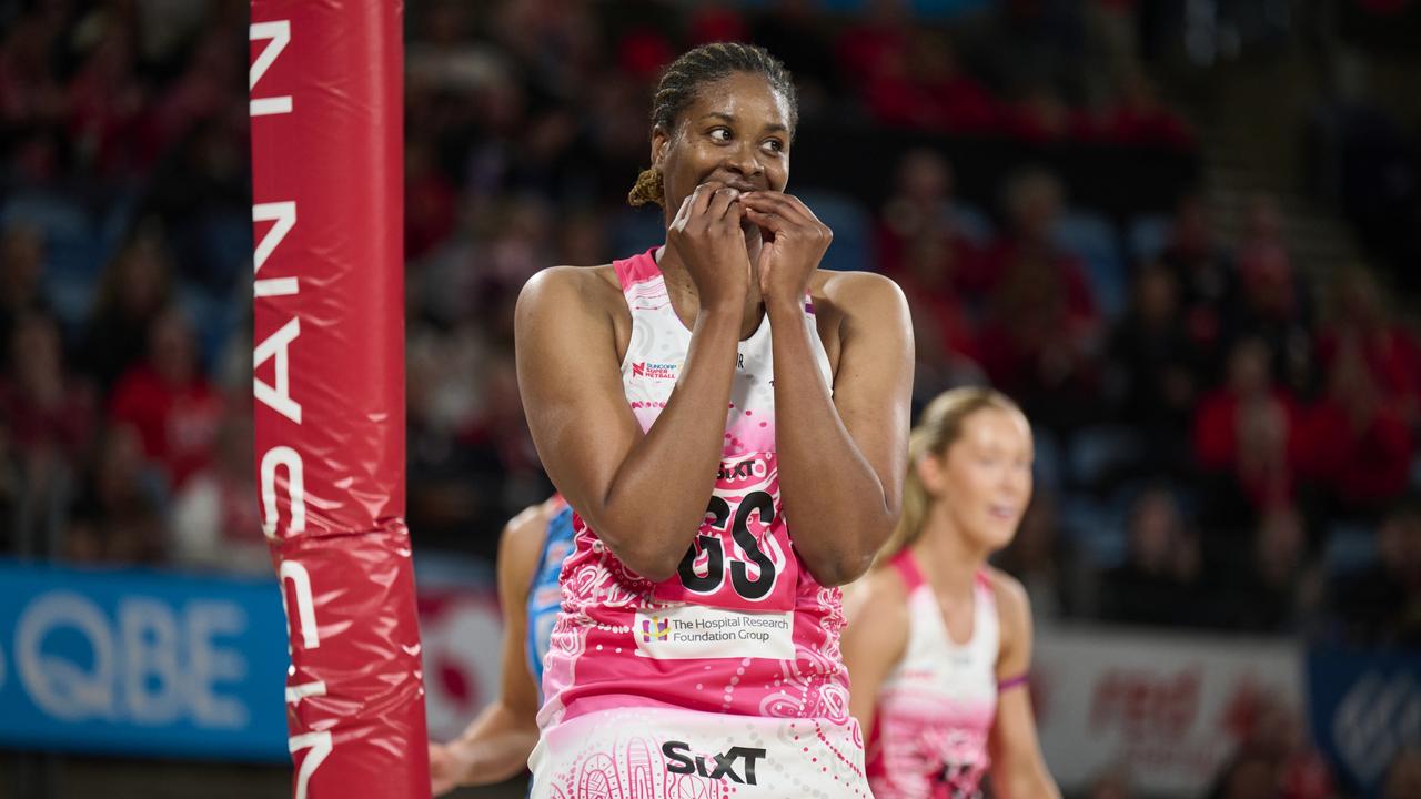 Romelda Aiken-George of the Thunderbirds reacts during the round 13 Super Netball match between NSW Swifts and Adelaide Thunderbirds at Ken Rosewall Arena, on July 07, 2024, in Sydney, Australia. (Photo by Brett Hemmings/Getty Images)