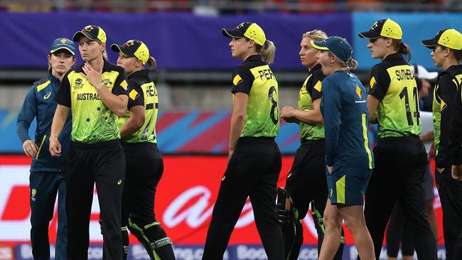 Meg Lanning of Australia looks dejected after the ICC Women's T20 Cricket World Cup match between Australia and India at Sydney Showground on February 21. Picture: RYAN PIERSE/GETTY IMAGES