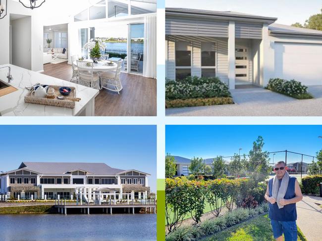 (clockwise from top left) How the new over-50s resort will look inside; each dwellling will have a double garage and two bedrooms; a resident at a Gem resourt; Gem's Bribie Island resort.