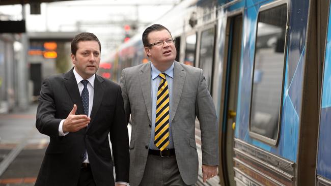 Opposition Leader Matthew Guy with Liberal MP Bernie Finn, who is set to be booted from the party. Picture: Kylie Else