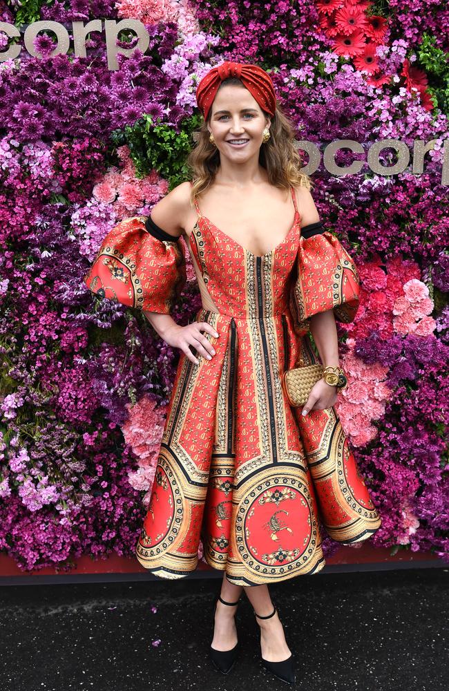 Jockey Michelle Payne at the Tabcorp marquee before suiting up to ride in the fifth race of the day. Picture: Julian Smith