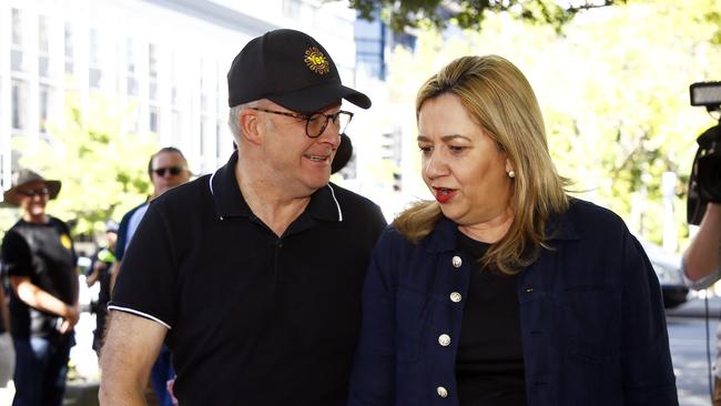 Queensland Premier Annastacia Palaszczuk and Prime Minister Anthony Albanese during the Labor Day march in Brisbane. Picture: NCA NewsWire/Tertius Pickard