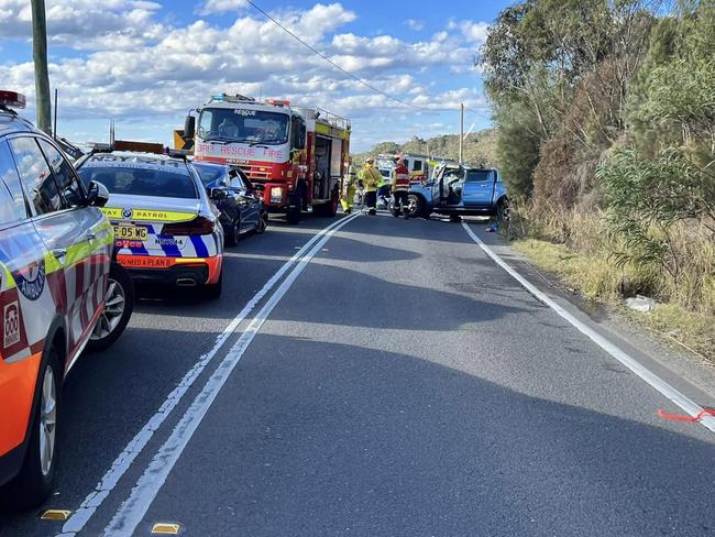 A head on crash between a ute and hatchback on Mona Vale Rd at Ingleside on Thursday. Picture: Terrey Hills Rural Fire Service