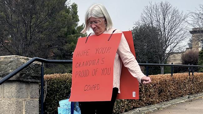 A woman made a bold statement outside Cooma Court after the court appearance. Picture: NCA NewsWire