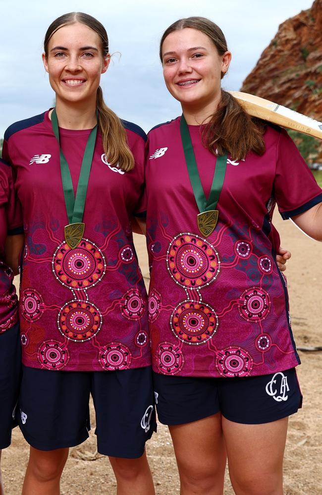 Browns Plains SHS product, Clodagh Ryall, left, of Wynnum, with a National Indigenous Championships teammate. Ryall made out team of the season. (Photo by Chris Hyde - CA/Cricket Australia via Getty Images)