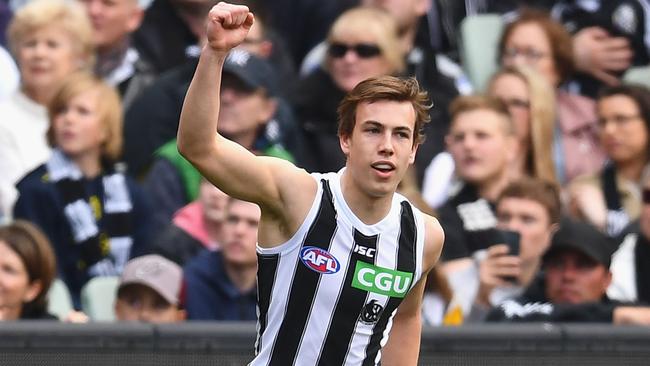 Callum Brown celebrates a Collingwood goal.