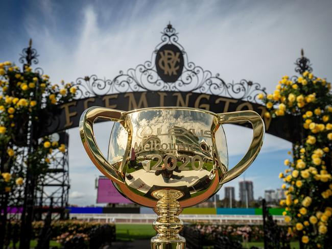 MELBOURNE, AUSTRALIA - OCTOBER 27: The Melbourne Cup trophy is seen during the Melbourne Cup Carnival launch at Flemington Racecourse on October 27, 2020 in Melbourne, Australia. (Photo by Darrian Traynor/Getty Images)