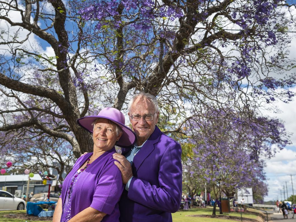 Ruth and John Knight travelled from Redlands to drive their 1941 Desoto in the grand parade at Jacaranda Day in Goombungee, Saturday, November 5, 2022. Picture: Kevin Farmer