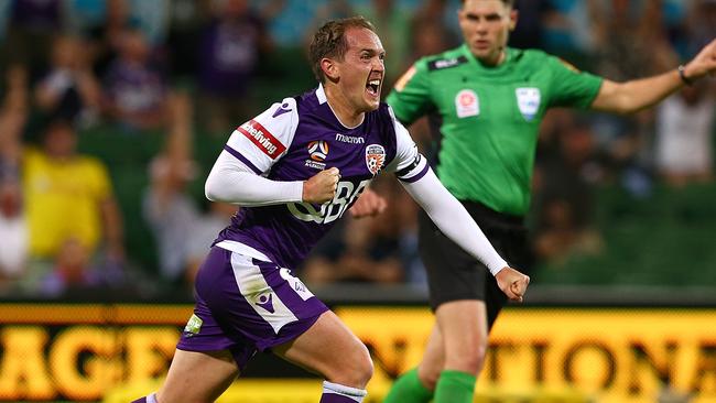 Neil Kilkenny celebrating a goal against former club Melbourne City. Picture: Getty Images