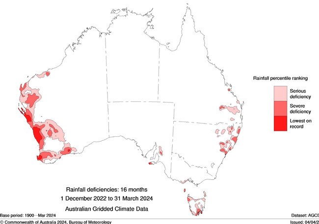 Farmers in WA's southwest region have endured extreme dry conditions over the past 18 months. Picture: Bureau of Meteorology