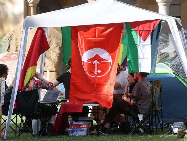 The PFLP flag on display at the pro-Palestinian protest camp. Picture: Liam Kidston
