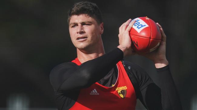 Jonathon Patton of the Hawks marks the ball during an AFL Hawthorn Football Club training session at The Ricoh Centre in Mulgrave, Wednesday, June 3, 2020. (AAP Image/Michael Dodge) NO ARCHIVING