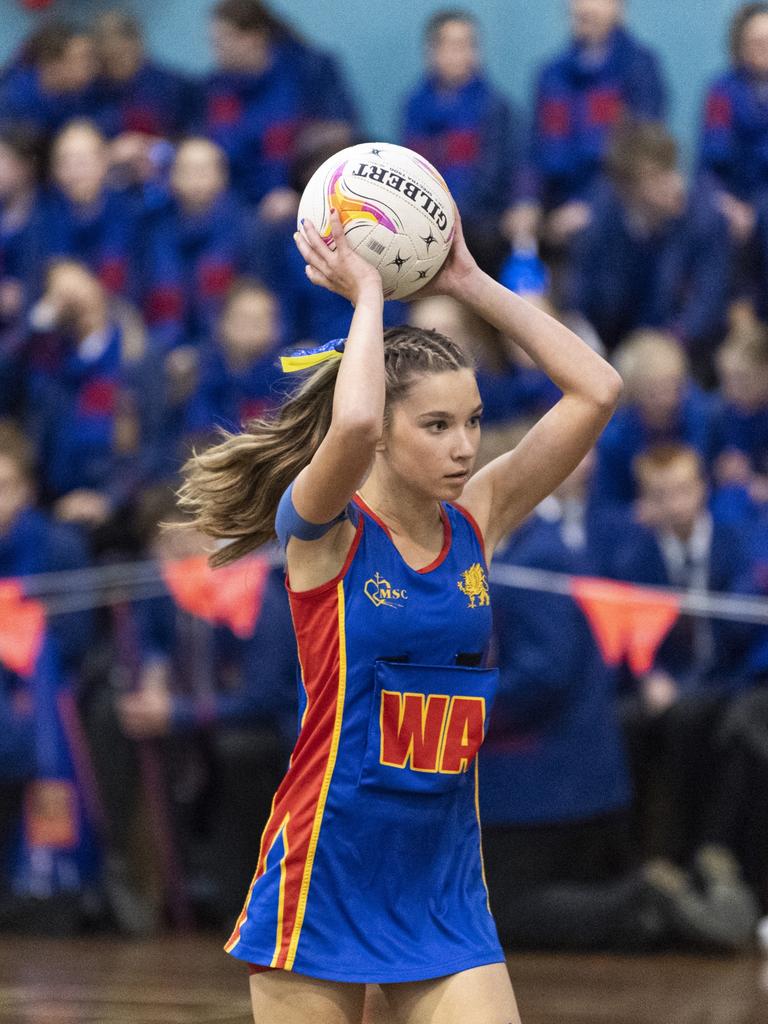 Rory Nichols of Downlands Junior A against St Ursula's Junior A in Merici-Chevalier Cup netball at Salo Centre, Friday, July 19, 2024. Picture: Kevin Farmer