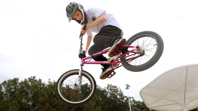 Jonny Valenta shows off his BMX tricks at the new Skate Park in Meadowbank. Pictures: Angelo Velardo