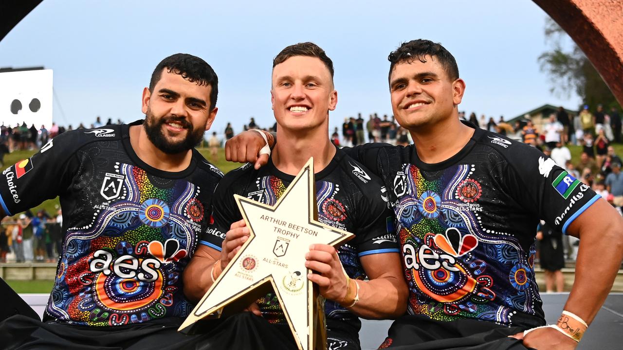 Jack Wighton (C) is close to South Sydney players Shaquai (L) and Latrell Mitchell (R). Picture: Getty Images