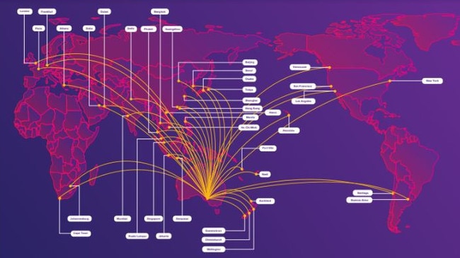 Adelaide Airport’s Network Vision 2050, connecting Adelaide non-stop with global 39 cities. Picture: Supplied by Adelaide Airport