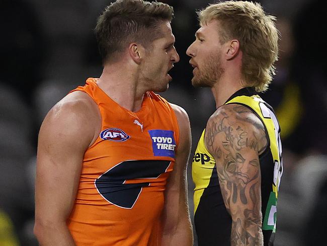First-year Giant Jesse Hogan gets face-to-face with Richmond premiership defender Nathan Broad. Picture: Michael Klein