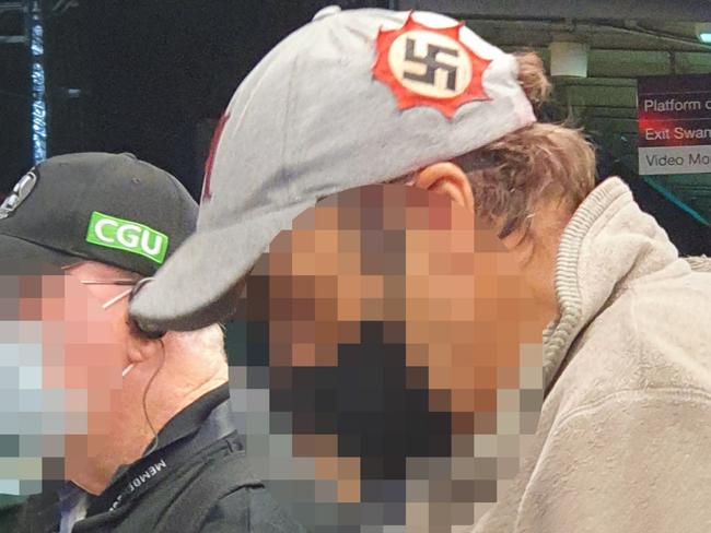 Footy fans in Melbourne have been left shocked after a man sporting Nazi swastika on his hat was spotted at Richmond train station on Friday March 19, 2021. Picture: Supplied