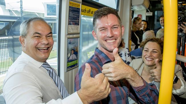 Opening morning of the Stage 2 of the Gold Coast light rail (g:link). Gold Coast Mayor Tom Tate, Mark Bailey MP and Deputy Premier of Queensland Jackie Trad riding the light rail from Helensvale to Surfers Paradise. Picture: Jerad Williams