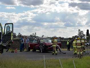 CRASH: A car and truck have come together on the Warrego Highway, closing the road. Picture: Michael Doyle