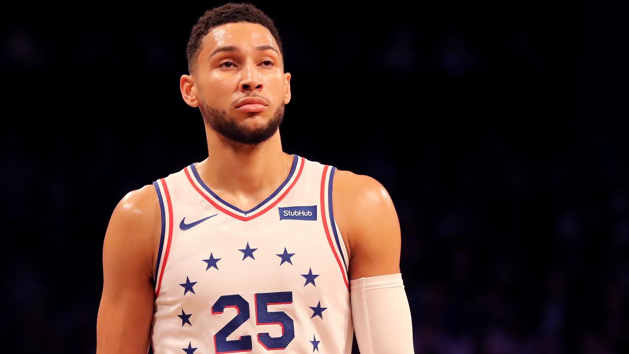 Ben Simmons looks on in the first quarter against the Brooklyn Nets in Game 3..