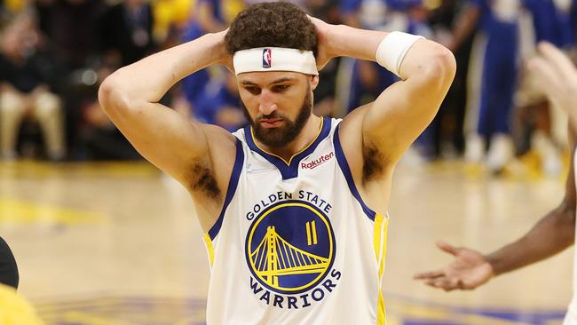 SAN FRANCISCO, CALIFORNIA - JUNE 02: Klay Thompson #11 of the Golden State Warriors reacts during the third quarter against the Boston Celtics in Game One of the 2022 NBA Finals at Chase Center on June 02, 2022 in San Francisco, California. NOTE TO USER: User expressly acknowledges and agrees that, by downloading and/or using this photograph, User is consenting to the terms and conditions of the Getty Images License Agreement. (Photo by Ezra Shaw/Getty Images)