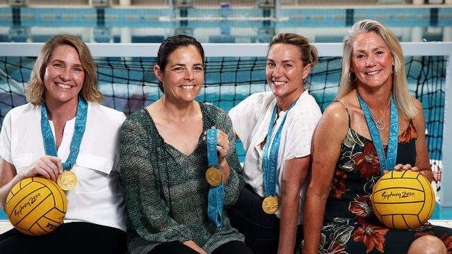 Members of the Sydney 2000 Olympics women's water polo team that took out goldL Taryn Woods, Yvette Higgins, Bronwyn Smith (nee Mayer) and Debbie Watson. Picture: Toby Zerna