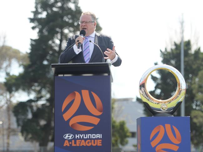 A-League CEO Greg O'Rourke speaks at the official launch of the Hyundai A-League 2017/18 Season at the Port Melbourne SC in Melbourne, Tuesday, October 3, 2017. (AAP Image/Tracey Nearmy) NO ARCHIVING