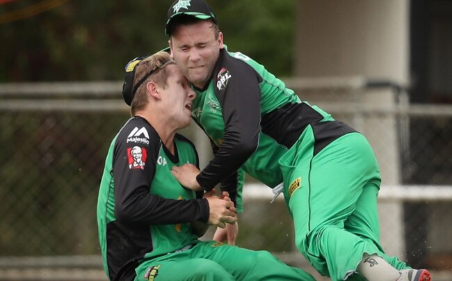 Ouch. Adam Zampa and Tom Triffit collide.