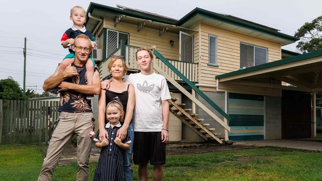 Greater Brisbane homebuyers Robert and Jacinta Orth, pictured with their kids Hamish 3, Mckenzie 5, and Lucus 21, are glad they got in before the next rate cut. Picture Lachie Millard
