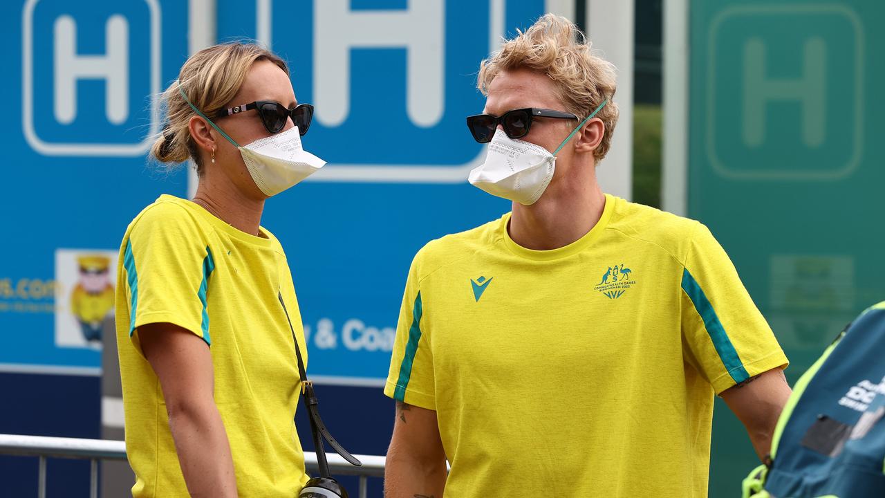 BIRMINGHAM. 23/07/2022. Commonwealth Games. Australian swim team arrive at Birmingham Airport. Cody Simpson and Emma McKeon after arriving in Birmingham today. Photo by Michael Klein