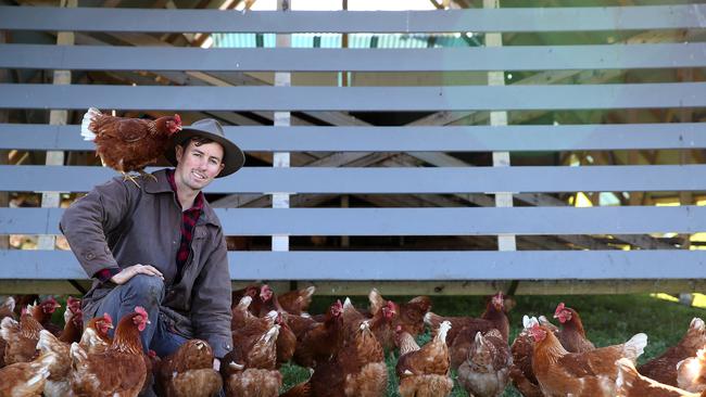 Xavier Prime with his flock of free-range hens at Cororooke, near Colac. Picture: Andy Rogers