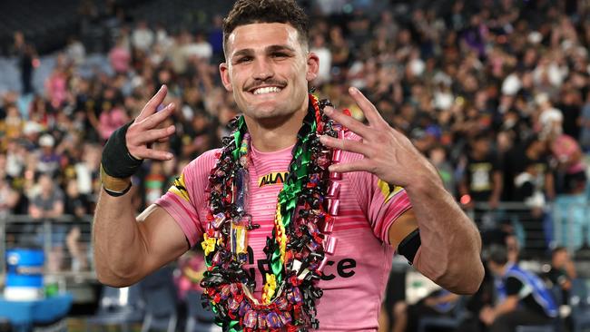 SYDNEY, AUSTRALIA - OCTOBER 06:  Nathan Cleary of the Panthers celebrate after winning the 2024 NRL Grand Final match between the Melbourne Storm and the Penrith Panthers at Accor Stadium on October 06, 2024, in Sydney, Australia. (Photo by Cameron Spencer/Getty Images)