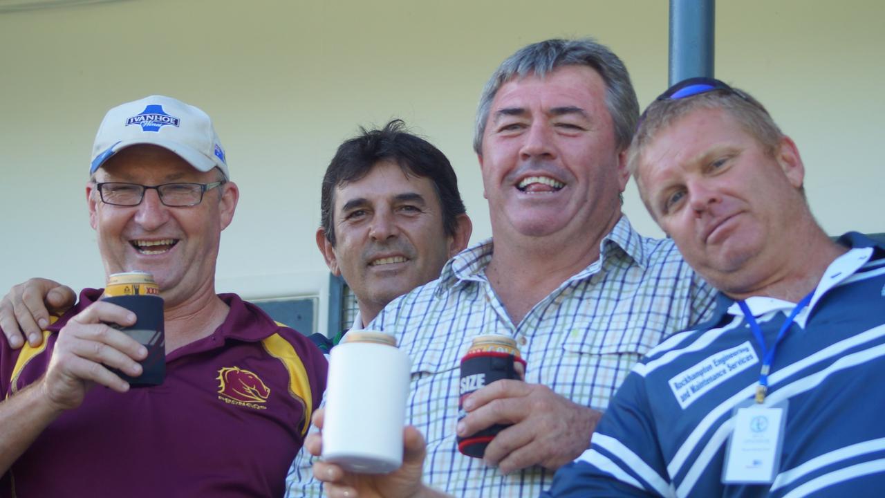 Brendon Hall (second from right) enjoying a beer and a laugh at the footy with Lance Barrie, Sirio Bertucci and Brad Russell.