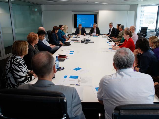 Meeting with Minister for Health and Wellbeing, Stephen Wade and unions to discuss ED overcrowding and industrial action at SA Health last week. Picture: Matt Turner