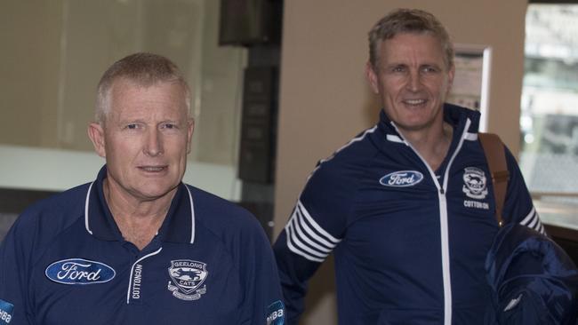 Last day of the AFL Trade Period at Marvel Stadium.  Geelong list manager Steven Wells and footy manager Simon Lloyd arrive   .Picture: Michael Klein.