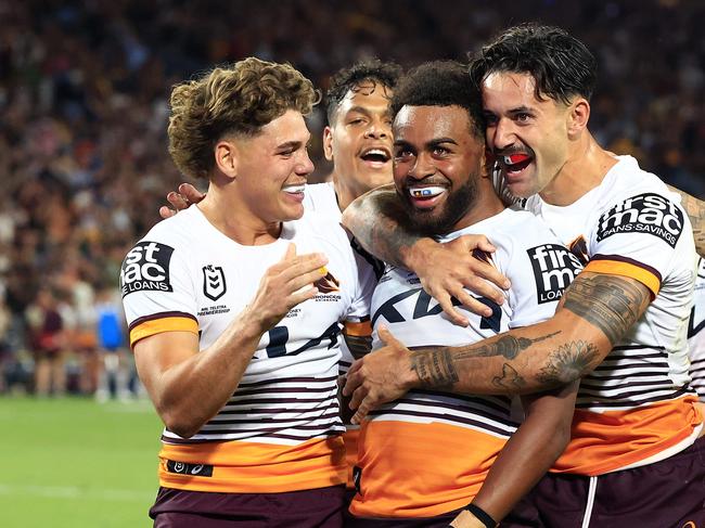 Ezra Mam scores during the 2023 NRL Grand Final between the Brisbane Broncos and the Penrith Panthers at Accor Stadium, Sydney Olympic Park. Pics Adam Head