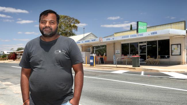 The Moorook road off the Sturt Highway may have to be closed if the water level continues to rise, cutting off the small town of Moorook where Satish Tati, who owns and runs the Moorook General Store, says his business will suffer. Picture Dean Martin