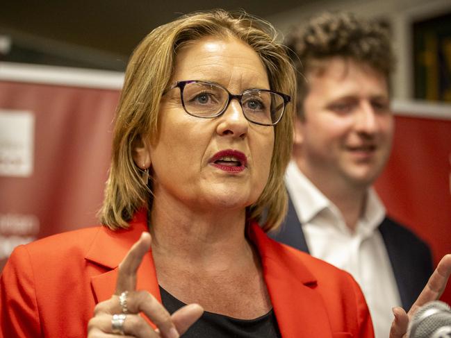 Werribee By-election Labor after/election party at Centrals Cricket Club, Galvin Park. Premier Jacinta Allen and John Lister speak to supporters. Picture: Jake Nowakowski