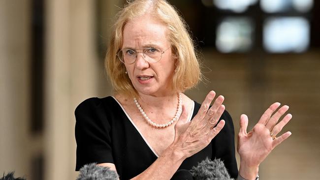 Chief Health Officer of Queensland Doctor Jeannette Young speaks at Parliament House. Picture: Getty Images.