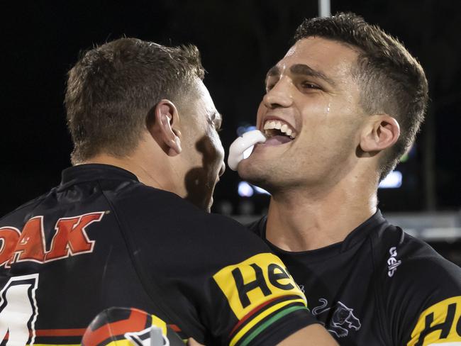 Nathan Cleary of the Panthers (right) and Brent Naden celebrate at full time of the Round One NRL match between Penrith Panthers and Sydney Roosters at Panthers Stadium in Sydney, Saturday, March 14, 2020. (AAP Image/Craig Golding) NO ARCHIVING, EDITORIAL USE ONLY