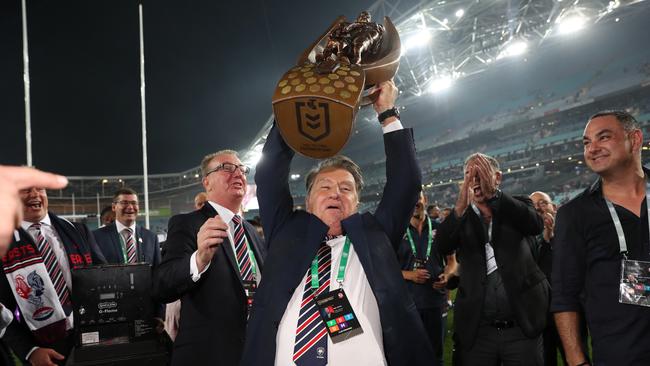 Roosters chairman Nick Politis celebrates winning the 2019 NRL Grand Final between the Sydney Roosters and Canberra Raiders. Picture: Brett Costello