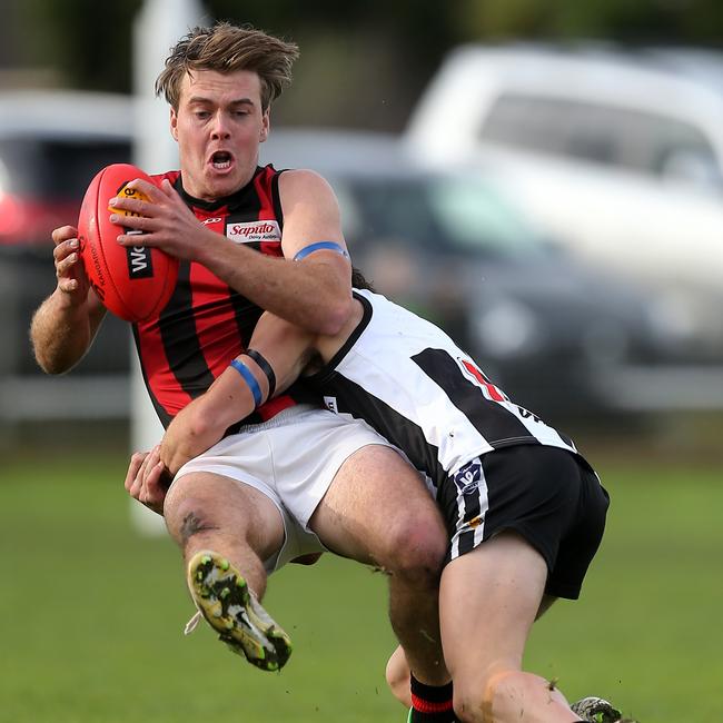 Lachlan Channing, left, playing for Maffra in 2022 before he returned to Stratford. Picture: Yuri Kouzmin