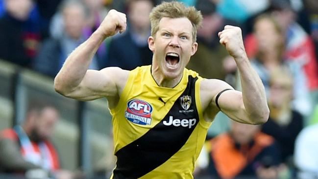 Jack Riewoldt celebrates a goal in the fourth quarter. Picture: Nicole Garmston