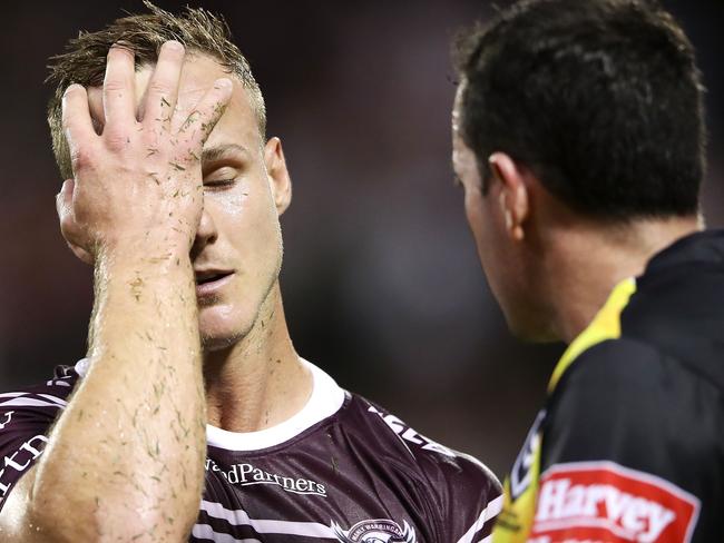 WOLLONGONG, AUSTRALIA - APRIL 20: Daly Cherry-Evans of the Sea Eagles reacts as he speaks to the referee during the round 6 NRL match between the Dragons and the Sea Eagles at WIN Stadium on April 20, 2019 in Wollongong, Australia. (Photo by Mark Kolbe/Getty Images)