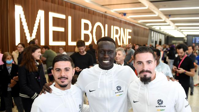 Hundreds of fans were also at Melbourne Airport to welcome home Marco Tilio, Thomas Deng and Jamie Maclaren. Picture: Getty Images.