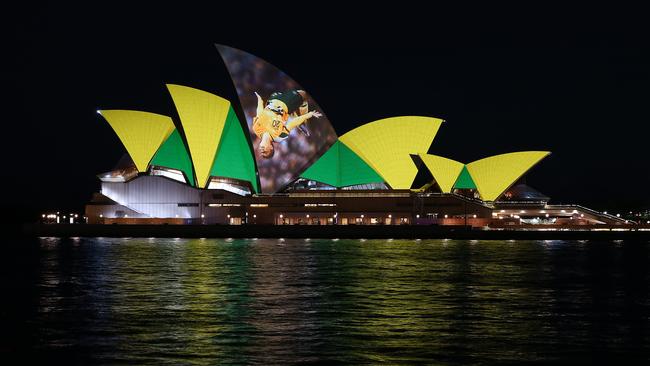 The sails are lit up with Sam Kerr in ancitipation of hosting the 2023 FIFA Women's World Cup. Picture: Jason McCawley/Getty Images