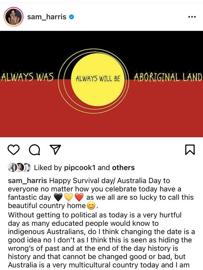 Model Sam Harris weighs into the Australia Day date change debate on Instagram.